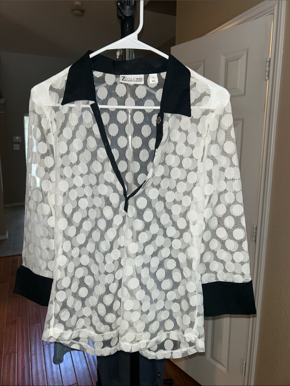 Zunie Sheer White Polka Dot Blouse with Black Collar and Cuffs